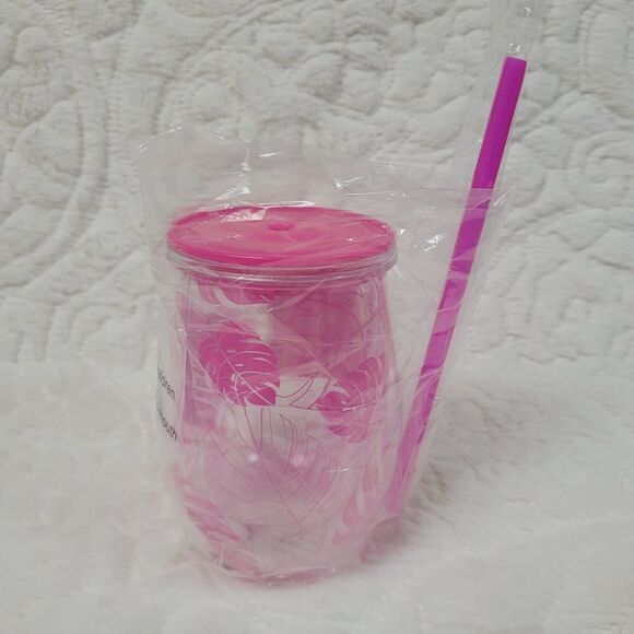 T-Mobile Tropical Tumbler Lid Straw Pink Tropical Palm Leaf Design Plastic New - Picture 6 of 7